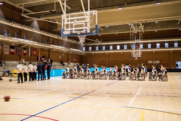 European Championship Wheelchair Basketball 05 12 2021 MADRID, SPAIN 5 December Wheelchair Basketball, France vs Germany Men, on Day 2 of the European Championship Wheelchair Basketball on 05 12 2021 at Polid Municipal Marques de Samaranch in Madrid, Spain The German Men during the National Anthem Copyright: xBEAUTIFULxSPORTS Wunderlx