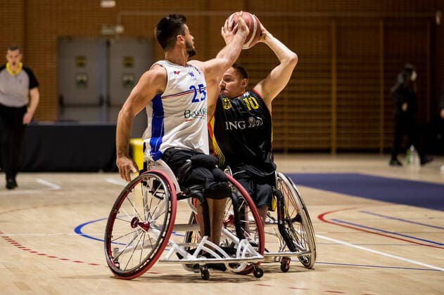 European Championship Wheelchair Basketball 05 12 2021 MADRID, SPAIN 5 December Wheelchair Basketball, France vs Germany Men, on Day 2 of the European Championship Wheelchair Basketball on 05 12 2021 at Polid Municipal Marques de Samaranch in Madrid, Spain Christophe Carlier France, 25 , Jan Haller Germany, 10 Copyright: xBEAUTIFULxSPORTS Wunderlx