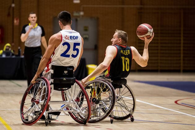 European Championship Wheelchair Basketball 05 12 2021 MADRID, SPAIN 5 December Wheelchair Basketball, France vs Germany Men, on Day 2 of the European Championship Wheelchair Basketball on 05 12 2021 at Polid Municipal Marques de Samaranch in Madrid, Spain Christophe Carlier France, 25 , Jan Haller Germany, 10 Copyright: xBEAUTIFULxSPORTS Wunderlx
