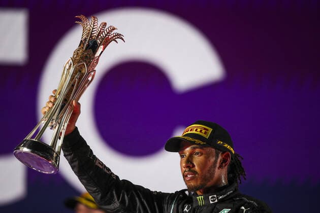 HAMILTON Lewis (gbr), Mercedes AMG F1 GP W12 E Performance, action, podium during the Formula 1 stc Saudi Arabian Grand Prix 2021, 21th round of the 2021 FIA Formula One World Championship, WM, Weltmeisterschaft from December 3 to 5, 2021 on the Jeddah Corniche Circuit, in Jeddah, Saudi Arabia - F1 - SAUDI ARABIAN GRAND PRIX 2021 - RACE DPPI Panoramic  00121044_FG0O4006.JPG