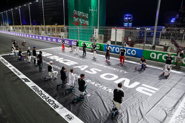 F1 drivers stand and kneel on the grid in support of the End Racism campaign, F1 Grand Prix of Saudi Arabia at Jeddah Corniche Circuit on December 5, 2021 in Jeddah, Saudi Arabia Photo by HOCH ZWEI Jeddah Saudi Arabia