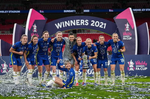 (L-r) Jorja Fox, Melanie Leupolz, Aniek Nouwen, Niamh Charles, Goalkeeper Zecira Musovic, Jonna Andersson, Pernille Harder, Jessie Fleming, Magdalena Eriksson and front row Ji So-yun of Chelsea Women during the Women s FA Cup match between Arsenal Women and Chelsea Women at Wembley Stadium, London, England on 5 December 2021. Copyright: xAndyxRowlandx PMI-4589-0022