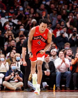 December 5, 2021, Toronto, ON, CANADA: Toronto Raptors forward Scottie Barnes (4) celebrates a bucket during second half NBA, Basketball Herren, USA action against the Washington Wizards, in Toronto, Sunday, Dec. 5, 2021. Raptors Wizards NBA Action - ZUMAc35_ 20211205_zaf_c35_211 Copyright: xColexBurstonx