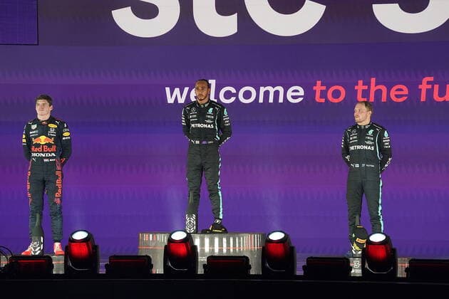 Formula 1 Saudi Arabia Grand Prix 05 12 2021, Jeddah Corniche Circuit, Jeddah, Formula 1 Saudi Arabia Grand Prix ,in picture podium winner Lewis Hamilton GBR , Mercedes AMG Petronas Formula One Team, 2nd place for Max Verstappen NEL , Red Bull Racing Honda, 3rd place for Valtteri Bottas FIN , Mercedes AMG Petronas Formula One Team nordphotoxGmbHx xBratic nph00250