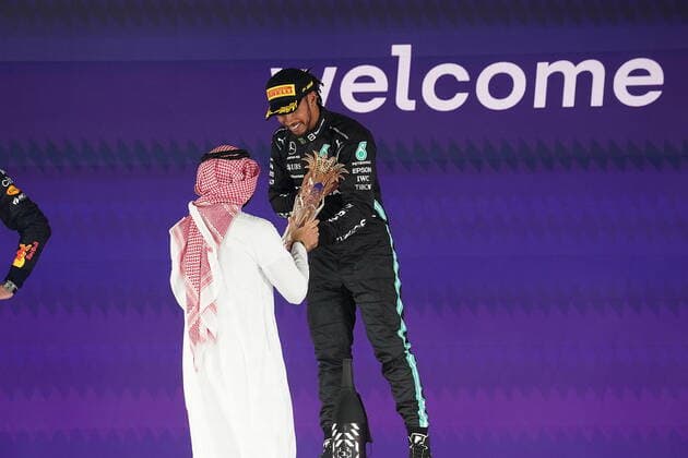 Formula 1 Saudi Arabia Grand Prix 05 12 2021, Jeddah Corniche Circuit, Jeddah, Formula 1 Saudi Arabia Grand Prix ,in picture podium winner Lewis Hamilton GBR , Mercedes AMG Petronas Formula One Team, 2nd place for Max Verstappen NEL , Red Bull Racing Honda, 3rd place for Valtteri Bottas FIN , Mercedes AMG Petronas Formula One Team nordphotoxGmbHx xBratic nph00250