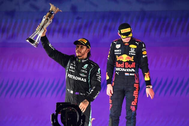 HAMILTON Lewis F1 Team Mercedes AMG Winner GP of Jiddah at the presentation ceremony with VERSTAPPEN Max F1 FIA Grand Prix of Saudi Arabia 2021 on 05 12 2021 in Jeddah