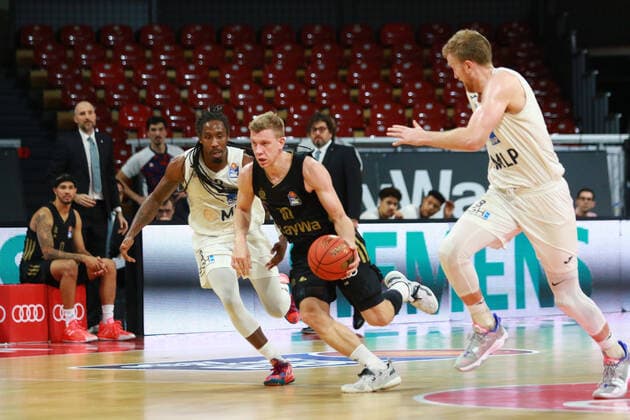 10 Ognjen Jaramaz FCBB vs 8 Max Ugrai, 3 Robert Lowery MLP Academics Heidelberg Basketball BBL FC Bayern Munich vs MLP Academics Heidelberg, at Audi Dome on 06 12 2021 PHOTO Mladen Lackovic LakoPress
