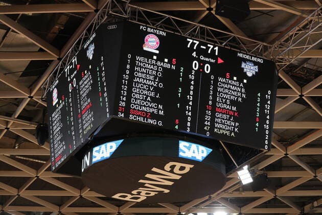 Scoreboard shows the final score of the match GER, FC Bayern Basketball vs Academics Heidelberg, Basketball, 1 Bundesliga, Season 2021 2022, 06 12 2021, GER, FC Bayern Basketball vs Academics Heidelberg, Basketball, 1 Bundesliga, Season 2021 2022, 06 12 2021, Muenchen Copyright: xEIBNER MarcelxEngelbrechtx EP_EER