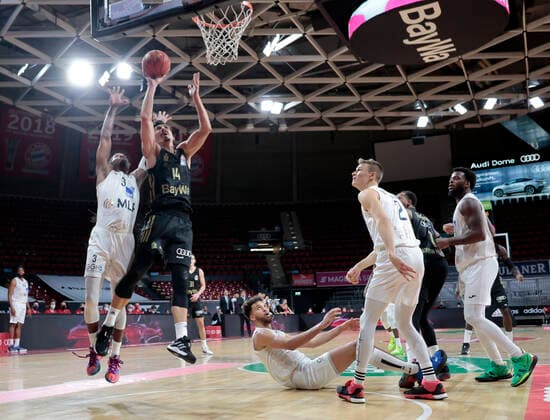 06 2021,BBL, FCB Basketball vs Heidelberg,FC Bayern, Audi Dome Muenchen, Basketball, Sports, in the picture Robert Lowery Heidelberg , Nihat Djedovic FCB Basketball , Deshaun Thomas FCB Basketball on the floor, Niklas Wuerzner Heidelberg , Deshaun Thomas FCB Basketball and Kelvin Martin Heidelberg