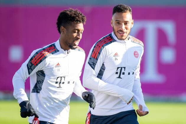 Kingsley Coman 11 FC Bayern Muenchen , Corentin Tolisso 24 FC Bayern Muenchen , FC Bayern Muenchen final training FC Barcelona, 2021 2022 season at Saebener Strasse 07 12 2021 Muenchen Bayern Germany. Copyright: xkolbert-press UlrichxGamelx