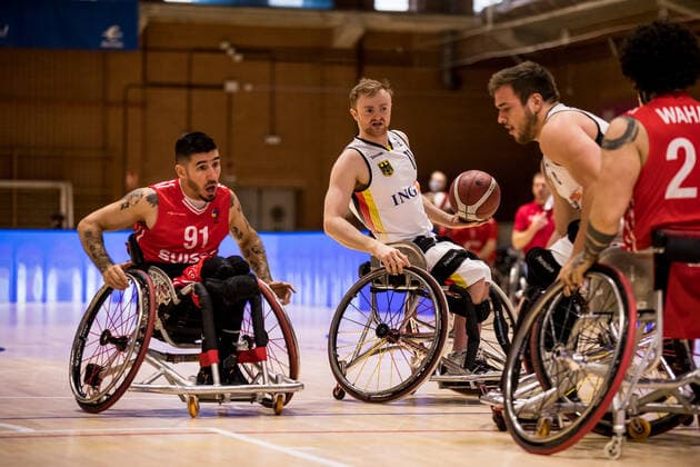 European Championship Wheelchair Basketball 07 12 2021 MADRID, SPAIN December 7 Wheelchair Basketball, Germany vs Switzerland Men, on Day 4 of the European Championship Wheelchair Basketball on 07 12 2021 at Polid Municipal Marques de Samaranch in Madrid, Spain Louka Real Switzerland, 91 , Jan Sadler Germany, 11 Copyright: xBEAUTIFULxSPORTS Wunderlx