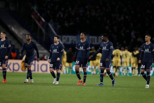PSG s Georginio Wijnaldum, PSG s Lionel Messi, PSG s Abdou Diallo, PSG s Eric-Junior Dina-Ebimbe and PSG s Thilo Kehrer celebrate after winning a soccer game between French club Paris Saint-Germain and Belgian team Club Brugge KSV, Tuesday 07 December 2021 in Paris, sixth and last match in the group stage of the UEFA Champions League, in Group A. BRUNOxFAHY  x3151619x