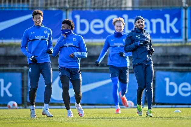 Genk, Belgium - December 08 : Theo Bongonda forward of KRC Genk during the media activity before the uefa europa league match between KRC Genk and Rapid Wien on December 8, 2021 in Genk, Belgium, 08 12 2021 ( Media Activity befor KRC Genk v Rapid Wien - Europa League PhotoNews Panoramic 