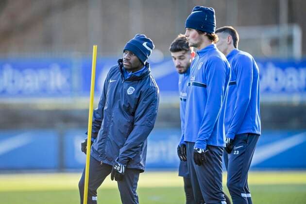 Genk, Belgium - December 08 : Joseph Paintsil forward of KRC Genk during the media activity before the uefa europa league match between KRC Genk and Rapid Wien on December 8, 2021 in Genk, Belgium, 08 12 2021 ( Media Activity befor KRC Genk v Rapid Wien - Europa League PhotoNews Panoramic 