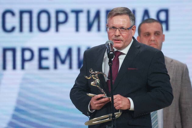 MOSCOW, RUSSIA - DECEMBER 8, 2021: Russian State University of Physical Education and professor Sergei Levushkin accepts his 2021 Russian National Sports Award for Service to Sports during a ceremony at Irina Viner-Usmanova Gymnastics Palace. Established in 2010 and coming with a million-rouble prize, the award is given to athletes, coaches, journalists and regional government officials who contributed to the promotion of Russian sports. Gavriil Grigorov TASS  0144163903st