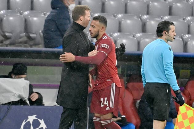 Coach Julian NAGELSMANN Bayern Muenchen with Corentin TOLISSO Bayern Muenchen after substitution Football Champions League Group E FC Bayern Muenchen FC Barcelona 3 0 on 08 12 2021,A L L I A N Z A R E N A
