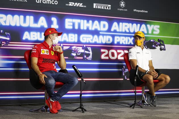 LECLERC Charles (mco), Scuderia Ferrari SF21, NORRIS Lando (gbr), McLaren MCL35M, portrait, Thursday press conference, PK, Pressekonferenz during the Formula 1 Etihad Airways Abu Dhabi Grand Prix 2021, 22th round of the 2021 FIA Formula One World Championship, WM, Weltmeisterschaft from December 10 to 12, 2021 on the Yas Marina Circuit, in Yas Island, Abu Dhabi - F1 - ABU DHABI GRAND PRIX 2021 DPPI Panoramic 00121045_AV6_4108.JPG