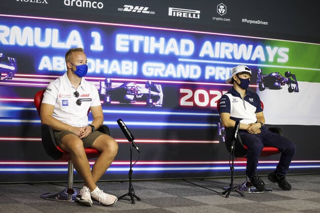 MAZEPIN Nikita (rus), Haas F1 Team VF-21 Ferrari, TSUNODA Yuki (jap), Scuderia AlphaTauri Honda AT02, portrait, Thursday press conference, PK, Pressekonferenz during the Formula 1 Etihad Airways Abu Dhabi Grand Prix 2021, 22th round of the 2021 FIA Formula One World Championship, WM, Weltmeisterschaft from December 10 to 12, 2021 on the Yas Marina Circuit, in Yas Island, Abu Dhabi - F1 - ABU DHABI GRAND PRIX 2021 DPPI Panoramic 00121045_AV6_4152.JPG