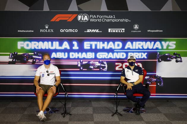 MAZEPIN Nikita (rus), Haas F1 Team VF-21 Ferrari, TSUNODA Yuki (jap), Scuderia AlphaTauri Honda AT02, portrait, Thursday press conference, PK, Pressekonferenz during the Formula 1 Etihad Airways Abu Dhabi Grand Prix 2021, 22th round of the 2021 FIA Formula One World Championship, WM, Weltmeisterschaft from December 10 to 12, 2021 on the Yas Marina Circuit, in Yas Island, Abu Dhabi - F1 - ABU DHABI GRAND PRIX 2021 DPPI Panoramic 00121045__V2_8266.JPG