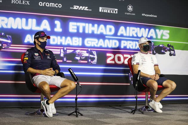 PEREZ Sergio (mex), Red Bull Racing Honda RB16B, BOTTAS Valtteri (fin), Mercedes AMG F1 GP W12 E Performance, portrait, Thursday press conference, PK, Pressekonferenz during the Formula 1 Etihad Airways Abu Dhabi Grand Prix 2021, 22th round of the 2021 FIA Formula One World Championship, WM, Weltmeisterschaft from December 10 to 12, 2021 on the Yas Marina Circuit, in Yas Island, Abu Dhabi - F1 - ABU DHABI GRAND PRIX 2021 DPPI Panoramic  00121045_AV6_4652.JPG