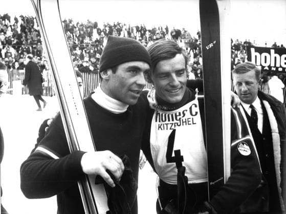 Ski Alpin: Weltcuprennen in Kitzbühel am 22.01.1967. Karl Schranz (li.) und Jean-Claude Killy. Nur fuer journalistische Zwecke! Only for editorial use! *** Alpine skiing World Cup race in Kitzbühel on 22 01 1967 Karl Schranz li and Jean Claude Killy Only for journalistic use Only for editorial use HM