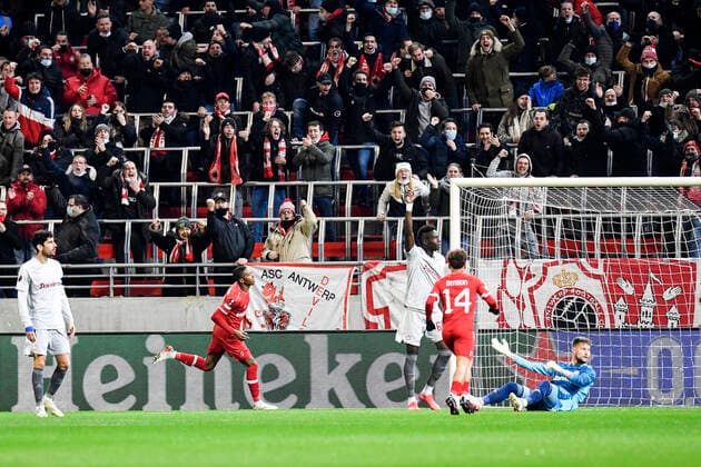 Antwerp s Michel Ange Balikwisha scores a goal during an Europa League game between Belgian soccer team Royal Antwerp FC and Greek soccer team Olympiacos F.C., Thursday 09 December 2021, in Antwerp, Belgium, on the sixth and last day in Group D of the UEFA Europa League group stage. TOMxGOYVAERTS  x3152753x