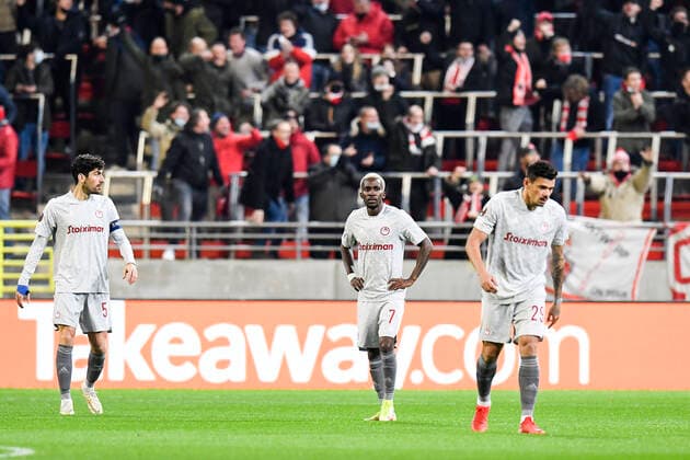 Olympiacos Henry Onyekuru shows defeat during an Europa League game between Belgian soccer team Royal Antwerp FC and Greek soccer team Olympiacos F.C., Thursday 09 December 2021, in Antwerp, Belgium, on the sixth and last day in Group D of the UEFA Europa League group stage. TOMxGOYVAERTS  x3152758x