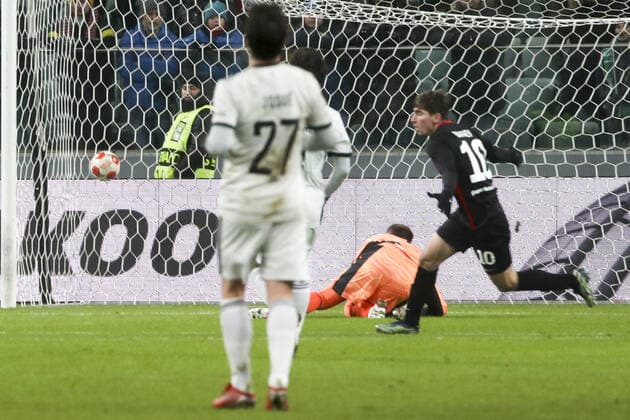 WARSAW, POLAND - DECEMBER 9, 2021: Spartak scores a goal in the 2021 22 UEFA Europa League Group C Round 6 match between Spartak Moscow and Legia Warsaw at the Marshall Jozef Pilsudski s Municipal Stadium of Legia Warsaw. Alexander Demianchuk TASS  TS11B4AC