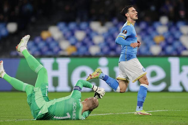Eljif Elmas of SSC Napoli celebrates after scoring the goal of 2-0 during the Uefa Europa League 2021 2022 group C football match between SSC Napoli and Leicester at Diego Armando Maradona stadium in Napoli (Italy), December 09th, 2021. Photo Cesare Purini Insidefoto cesarexpurini