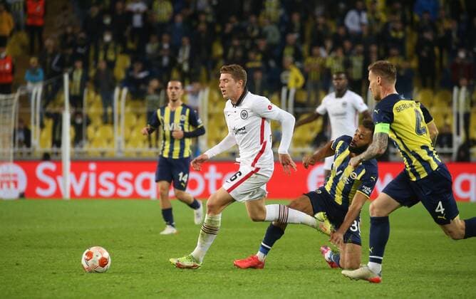 Eintracht Frankfurt™s Kristijan Jakic Fenerbahce™s Nazim Sangare during Fenerbahce - Eintracht Frankfurt during UEFA Europa League game at Kadikoy Sukru Saracoglu Stadium in Istanbul, 9th of December, 2021. Copyright: TolgaxAdanali 17355691