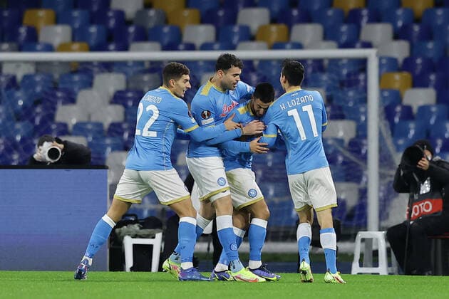 Photo Alessandro Garofalo LaPresse December 09, 2020 Naples, Italy soccer Napoli vs Leicester City - Europa League 2021 2022 - Diego Armando Maradona stadium. In the pic: Adam Ounas (SSC Napoli); celebrates after scoring goal 1-0  Copyright: xAlessandroxGarofalo LaPressex