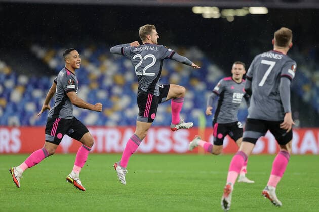 Photo Alessandro Garofalo LaPresse December 09, 2020 Naples, Italy soccer Napoli vs Leicester City - Europa League 2021 2022 - Diego Armando Maradona stadium. In the pic: Kiernan Dewsbury Hall (Leicester City FC)celebrates after scoring goal 2-2  Copyright: xAlessandroxGarofalo LaPressex