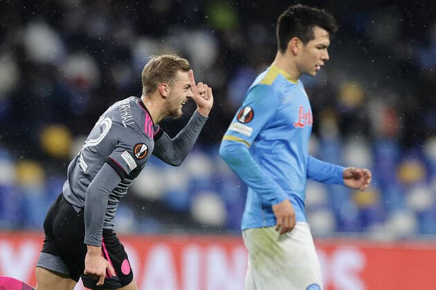 Photo Alessandro Garofalo LaPresse December 09, 2020 Naples, Italy soccer Napoli vs Leicester City - Europa League 2021 2022 - Diego Armando Maradona stadium. In the pic: Kiernan Dewsbury Hall (Leicester City FC)celebrates after scoring goal 2-2  Copyright: xAlessandroxGarofalo LaPressex