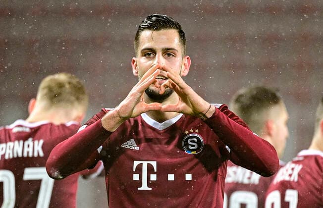David Hancko of Sparta celebrates a goal during the UEFA Europa League group A soccer match Sparta Praha vs Brondby Copenhagen in Prague, Czech Republic, December 9, 2021. (CTKxPhoto RomanxVondrous) CTKPhotoP2021120909235 