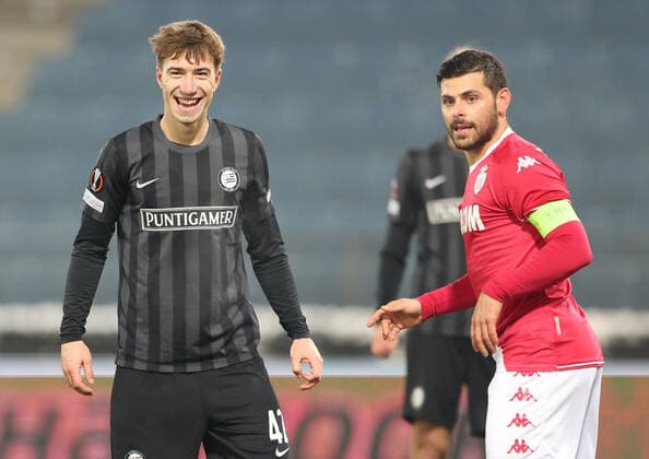 SOCCER - UEFA EL, Sturm vs Monaco GRAZ,AUSTRIA,09.DEC.21 - SOCCER - UEFA Europa League, group stage, SK Sturm Graz vs AS Monaco. Image shows David Affengruber (Sturm) and Kevin Volland (Monaco) .  GEPAxpictures xChrisxBauer