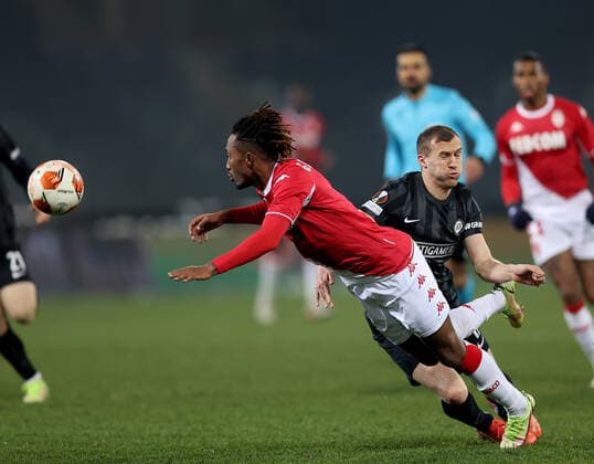 SOCCER - UEFA EL, Sturm vs Monaco GRAZ,AUSTRIA,09.DEC.21 - SOCCER - UEFA Europa League, group stage, SK Sturm Graz vs AS Monaco. Image shows Gelson Martins (Monaco) and Lukas Jaeger (Sturm).  GEPAxpictures xMJxPaul