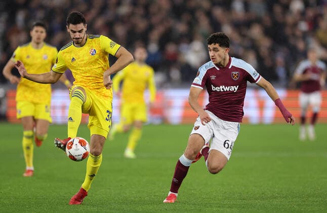 Mandatory Credit: Photo by Simon Dael Shutterstock (12637595w) Josip Sutalo of Dinamo Zagreb and Sonny Tufail Perkins of West Ham in action West Ham United v Dinamo Zagreb, UEFA Europa League, Group H, Football, London Stadium, London, UK - 09 Dec 2021 EDITORIAL USE ONLY No use with unauthorised audio, video, data, fixture lists, club league logos or live services. Online in-match use limited to 120 images, no video emulation. No use in betting, games or single club league player publications. West Ham United v Dinamo Zagreb, UEFA Europa League, Group H, Football, London Stadium, London, UK - 09 Dec 2021 EDITORIAL USE ONLY No use with unauthorised audio, video, data, fixture lists, club league logos or live services. Online in-match use limited to 120 images, no video emulation. No use in betting, games or single club league player publications.  Copyright: xSimonxDael Shutterstockx 12637595w
