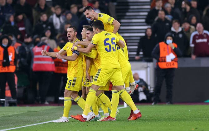 Mandatory Credit: Photo by Simon Dael Shutterstock (12637595x) Mislav Orsic of Dinamo Zagreb celebrates scoring a goal to make the score 0-1 West Ham United v Dinamo Zagreb, UEFA Europa League, Group H, Football, London Stadium, London, UK - 09 Dec 2021 EDITORIAL USE ONLY No use with unauthorised audio, video, data, fixture lists, club league logos or live services. Online in-match use limited to 120 images, no video emulation. No use in betting, games or single club league player publications. West Ham United v Dinamo Zagreb, UEFA Europa League, Group H, Football, London Stadium, London, UK - 09 Dec 2021 EDITORIAL USE ONLY No use with unauthorised audio, video, data, fixture lists, club league logos or live services. Online in-match use limited to 120 images, no video emulation. No use in betting, games or single club league player publications.  Copyright: xSimonxDael Shutterstockx 12637595x
