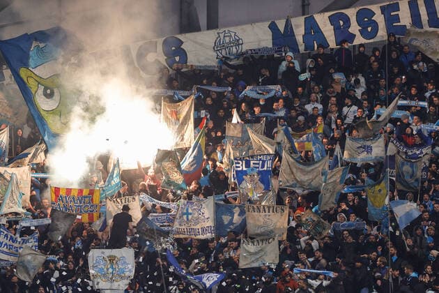 MARSEILLE, FRANCE - DECEMBER 9, 2021: Marseilleâ€™s fans are seen before the 2021 22 UEFA Europa League Group E Round 6 match between Olympique de Marseille and Lokomotiv Moscow at the Orange Velodrome Stadium. Mikhail Japaridze TASS  TS11B4D9