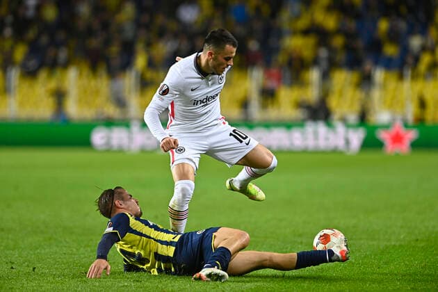 Dimitrios Pelkas (14) of Fenerbhce and Filip Kostic of Eintracht Frankfurt during the UEFA Europa League group D match between Fenerbahce and Eintracht Frankfurt at Ulker Stadium on December 9, 2021 in Istanbul, Turkey. (Photo by Seskimphoto) Fenerbahce v Eintracht Frankfurt: Group D - UEFA Europa League 