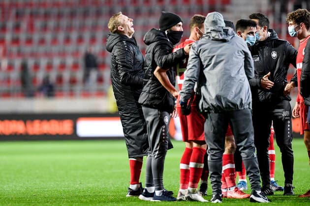 Antwerp s Ritchie De Laet celebrates after winning an Europa League game between Belgian soccer team Royal Antwerp FC and Greek soccer team Olympiacos F.C., Thursday 09 December 2021, in Antwerp, Belgium, on the sixth and last day in Group D of the UEFA Europa League group stage. TOMxGOYVAERTS  x3153021x