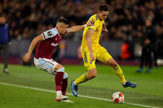 9th December 2021; London Stadium, London, England; Europa League football West Ham versus Dinamo Zagreb; Harrison Ashby of West Ham United competes for the ball with Daniel Stefulj of GNK Dinamo Zagreb  ActionPlus12346574 ShaunxBrooks