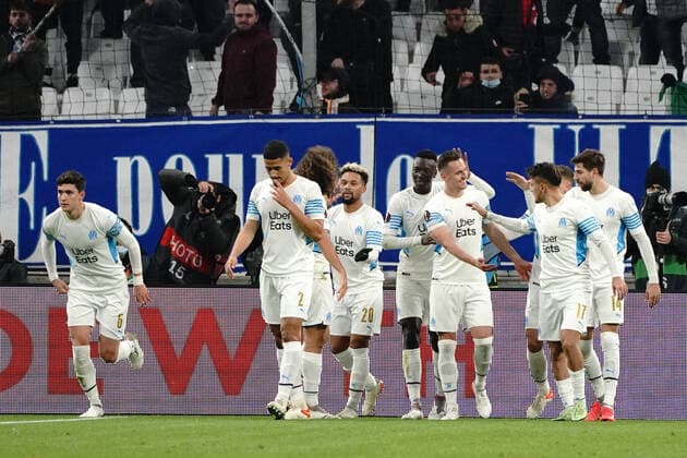 Joie - Krystian Arkadiusz Milik (Olympique de Marseille) - Matteo Guendouzi (Olympique de Marseille) - Leonardo Balerdi (Olympique de Marseille) - Cengiz Under (Olympique de Marseille) FOOTBALL : Olympique de Marseille vs Lokomotiv de Moscou - League Europa - Marseille - 09 12 2021 NorbertScanella Panoramic 