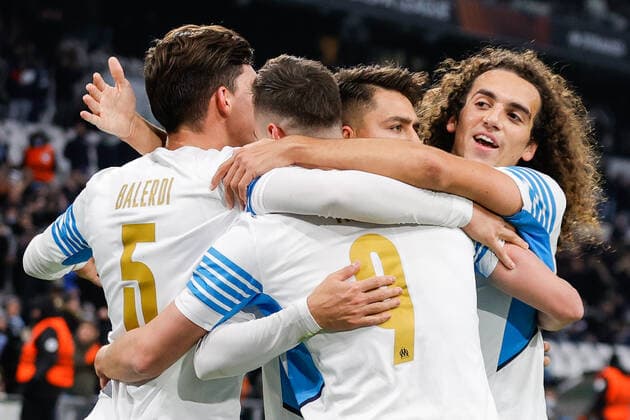 MARSEILLE, FRANCE - DECEMBER 9, 2021: Marseilleâ€™s players celebrate a goal in the 2021 22 UEFA Europa League Group E Round 6 match between Olympique de Marseille and Lokomotiv Moscow at the Orange Velodrome Stadium. Mikhail Japaridze TASS  TS11B4EA