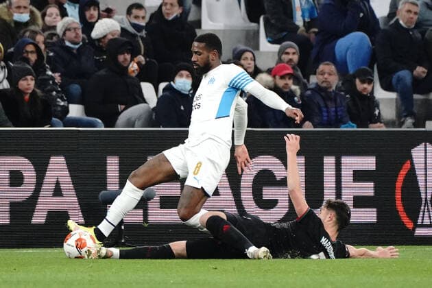 Gerson Santos Da Silva (Olympique de Marseille) - Konstantin Maradishvili (Lokomotiv Moscou) FOOTBALL : Olympique de Marseille vs Lokomotiv de Moscou - League Europa - Marseille - 09 12 2021 NorbertScanella Panoramic 