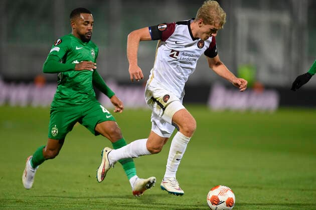 FCM s Gustav Isaksen during the UEFA Europa League Group F football match between PFC Ludogorets and FC Midtjylland on December 9, 2021 at the Ludogorets Arena in Razgrad Photo by Alex Nicodim Ritzau Scanpix, Razgrad  Copyright: RitzauxScanpix AlexxNicodimx spdk20211209-215037-L