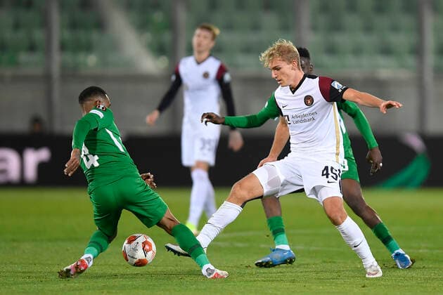 FCM s Gustav Isaksen during the UEFA Europa League Group F football match between PFC Ludogorets and FC Midtjylland on December 9, 2021 at the Ludogorets Arena in Razgrad Photo by Alex Nicodim Ritzau Scanpix, Razgrad  Copyright: RitzauxScanpix AlexxNicodimx spdk20211209-215146-L