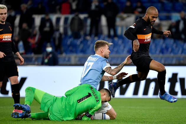 Ciro Immobile of SS Lazio, Marcos do Nascimento Teixeira aka Marcao and Fernando Muslera of Galatasaray compete for the ball during the Europa League group stage football match between SS Lazio and Galatasaray at Olimpico stadium in Rome (Italy), December 9th, 2021. Photo Antonietta Baldassarre Insidefoto antoniettaxbaldassarre