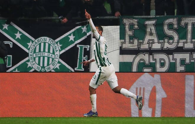 Football, Men, 2021 2022 season, UEFA Europa League Group G, matchday 6 , Ferencvaros Budapest Bayer Leverkusen, Aissa Laidouni Ferencvaros , cheering after scoring 1 0, 09 12 2021, Copyright: xSzilviaxMichellerx xMatthiasxKocx