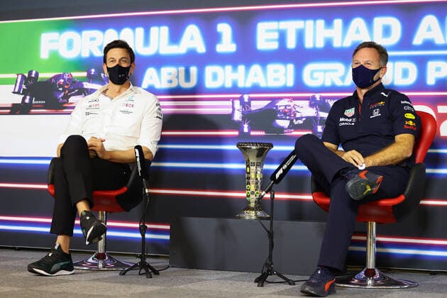 F1 Grand Prix of Abu Dhabi Toto Wolff (AUT, Mercedes-AMG Petronas F1 Team), Christian Horner (GBR, Red Bull Racing), F1 Grand Prix of Abu Dhabi at Yas Marina Circuit on December 10, 2021 in Abu Dhabi, United Arab Emirates. (Photo by Bryn Lennon Getty Images FIA Pool via HOCH ZWEI) Abu Dhabi Yas Marina Circuit United Arab Emirates Poolfoto HOCH ZWEI Pool Getty Images ,EDITORIAL USE ONLY